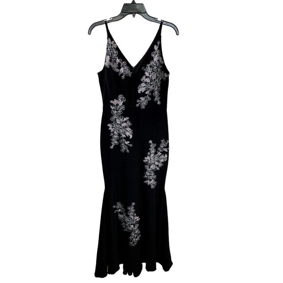 Xscape Black Floral - Gem Accent V-Neck Thin Strap Mermaid Dress Size 6 - Picture 1 of 9